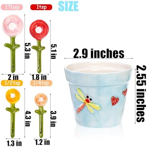 Coloch 5Pcs Ceramic Measuring Spoons and Cup, Flower Baking Scale