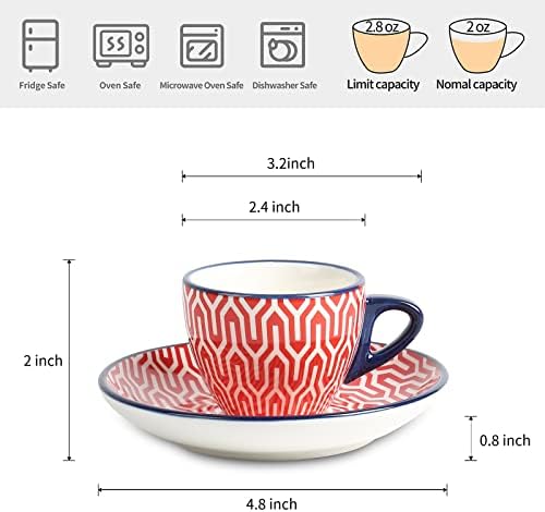 Selamica Ceramic 2 OZ Espresso Cups with Saucers, Set of 6, Assorted