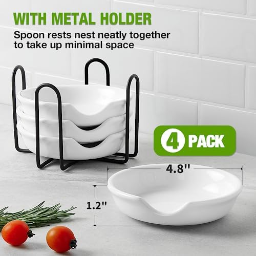 4 Pack Ceramic Spoon Rest with Metal Holder, Gencywe 4.8 inch Spoon