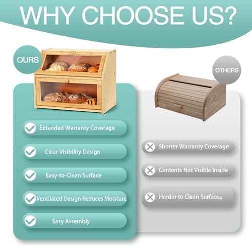 Bread Box for Kitchen Countertop, Large Double Layer Bamboo Bread Storage Box with Clear Door, Includes 20 Bread Bags & Labels, Farmhouse Kitchen Storage Organizer (Natural Bamboo)