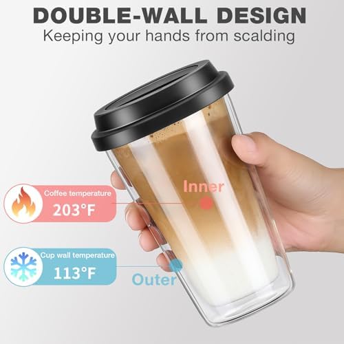 Qipecedm® 2 Packs Double Walled Glass Coffee Mugs with Silicone Lids