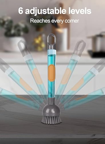 Soap Dispensing Dish Brush with Handle, 5-Piece Set, Grey
