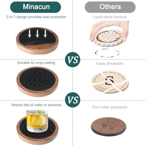 Wood Coasters for Drinks, Minacun Absorbent Coaster Sets of 5, Drinks