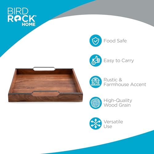 Acacia Wood Serving Tray with Handles - 16 Inch Square Large Serving