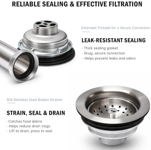 Silver Kitchen Sink Basket Strainer, Cover & 1-1/2" Tailpiece Kit