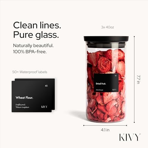 KIVY Airtight Glass Jars with transparent Lids & Labels 3x 40oz