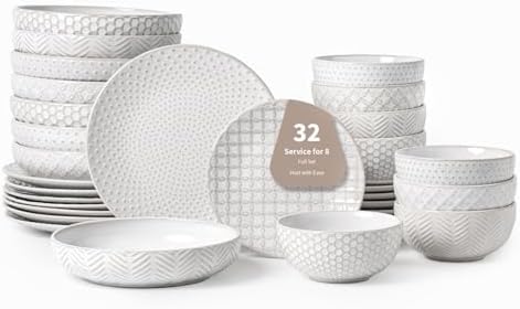 FOBENTA 32-Piece Luxury Dinnerware Set,Complete Plates and Bowls Set for 8,Upscale Ceramic Dish Set for Hosting, Holidays & Family Gatherings–Microwave & Dishwasher Safe