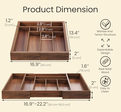 Fibogollo Expandable Kitchen Drawer Organizer,Acacia Wood Silverware