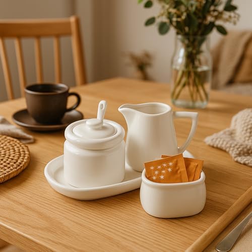 ZENFUN Set of 4 Porcelain Creamer and Sugar Set with Saucer, Sugar