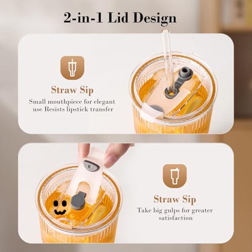 20oz Iced Coffee Cups with Lids, Ribbed Glass Cups with Lids and