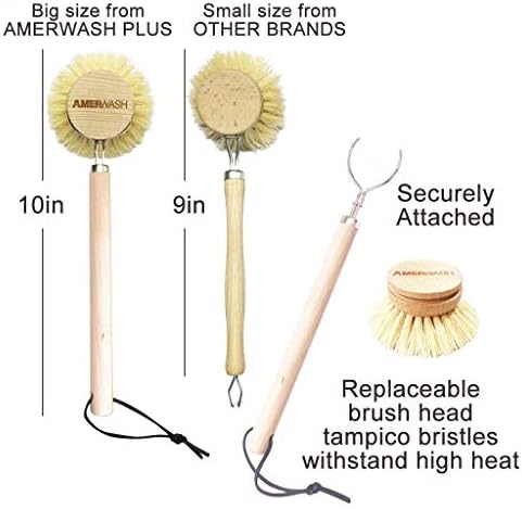 AMERWASH PLUS Dish Brush, Wooden Handle, 3 Replacement Heads