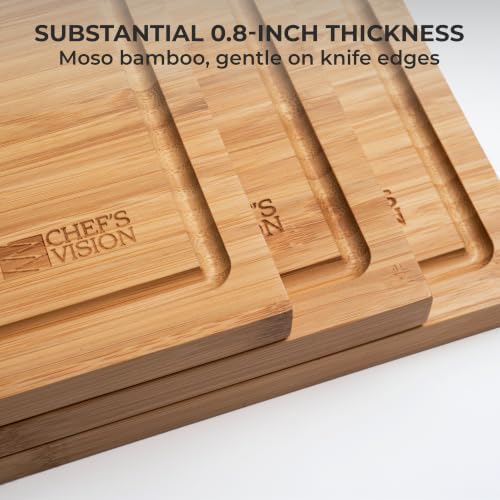 Chef's Vision Bamboo Cutting Board 3-Piece Kitchen Set, 0.8-Inch Thick