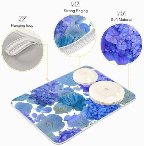 OTVEE Blue Hydrangea Blossom Decor Dish Drying Mat for Kitchen Counter