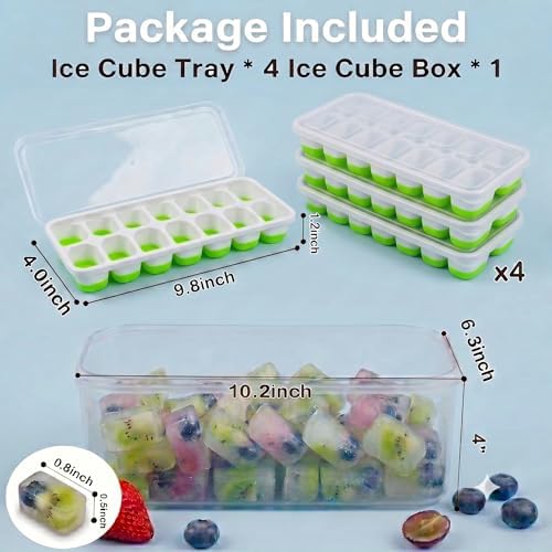 Ice Cube Trays for Freezer with Lid and Bin, 4 Pack Silicone Set