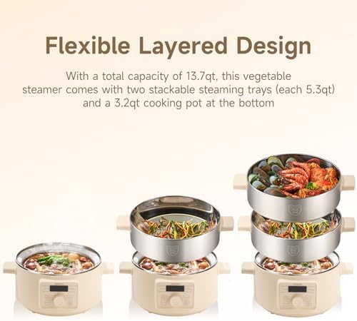 Joydeem Electric Food Steamer for Cooking, 2-Tier Stainless Steel Vegetable & Food Steamers, 13L/13.7 qt Large Capacity, DZG-A100