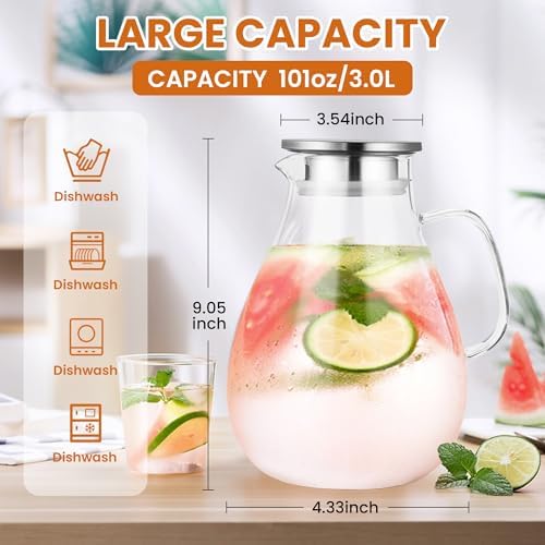 SUSTEAS 3 Litre 101oz Glass Pitcher with Lid and Spout, Handmade