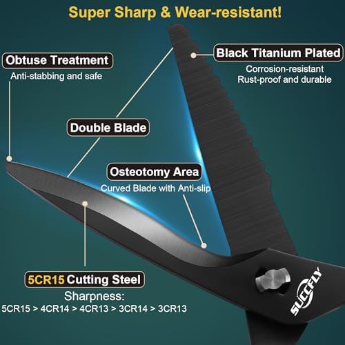SUCCFLY Heavy Duty Kitchen Scissors for Food Titanium Plated Black