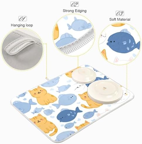 OTVEE Bubbly Cat Print Dish Drying Mat for Kitchen Counter Absorbent