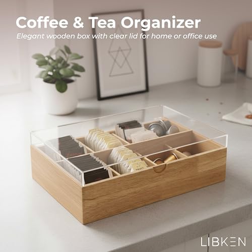 LIBKEN Wooden Tea Bag Organizer Box – 8 Compartment Tea Storage with