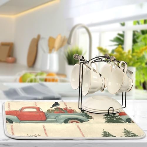 OTVEE Red Truck Snow Fun Dish Drying Mat for Kitchen Counter Absorbent