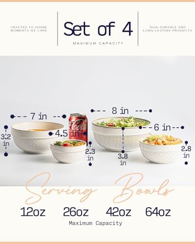 getstar Large Serving Bowls Set of 4, 12/26/42/64 oz Ceramic Stoneware Nesting Bowls Set, Microwave and Dishwasher Safe, Farmhouse Kitchen Versatile Prep Bowls for Fruit Salad Pasta Dessert Cereal