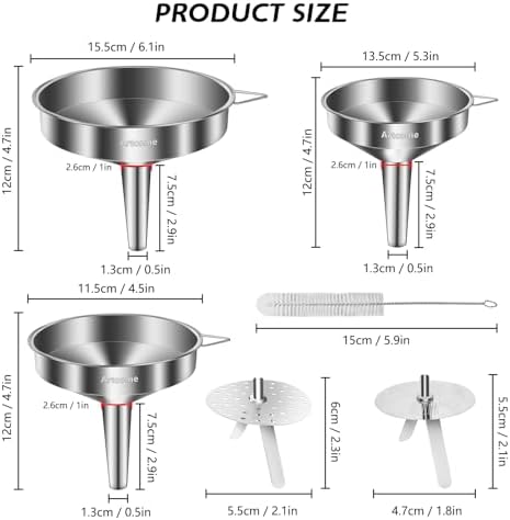 Artcome 3 Pcs Stainless Steel Kitchen Funnel Set, Food Grade 3-in-1
