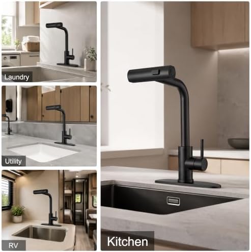 JOOM Black Waterfall Kitchen Faucet, Soap Dispenser