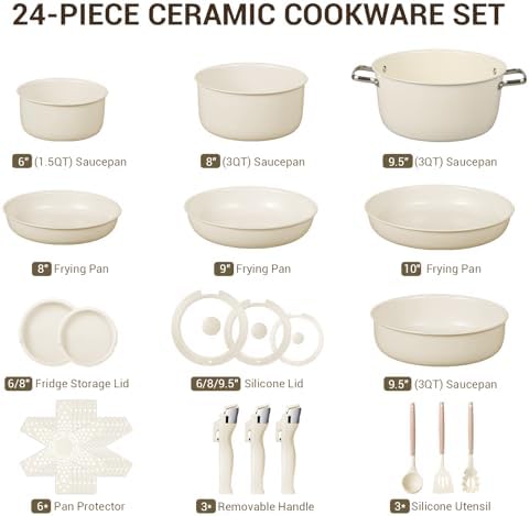 Ammeloo 24pcs Ceramic Cookware Set, Pots and Pans Set with Removable Handle