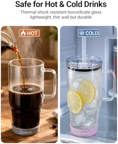 Zukro 32 oz Glass Water Tumbler with Handle & Straw, 2-in-1 Leak Proof