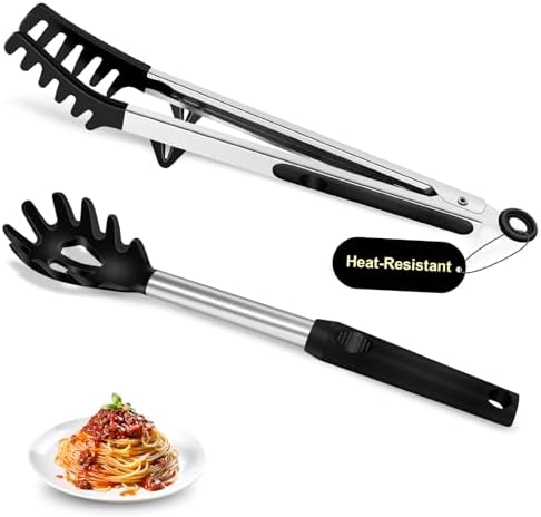 2-Piece Silicone Spaghetti Spoon and Pasta Tong Set, Black