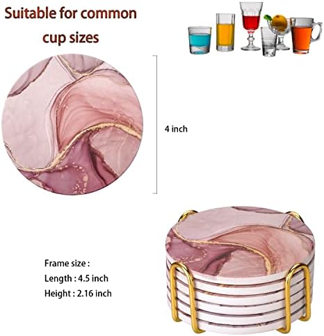 Absorbent Pink Marble Ceramic Coasters for Drinks with Gold Holder and