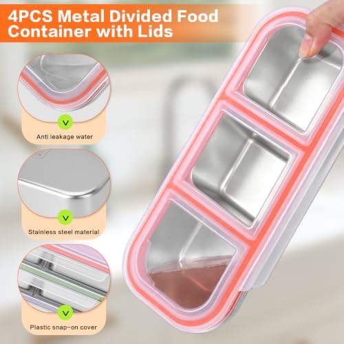 4 Pack Stainless Steel Snack Containers with Lids 3 Compartments