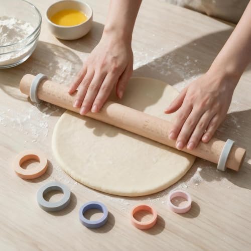 Wood Rolling Pin with Thickness Rings: Adjustable Dough Roller for