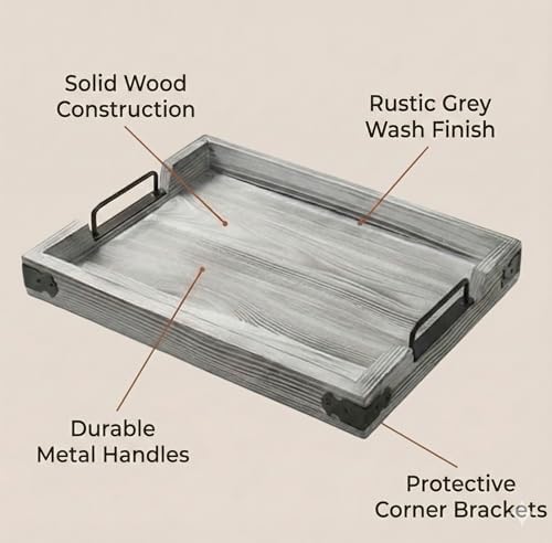 Wooden Rustic Large Serving Tray with Handles | Gray | Vintage Style