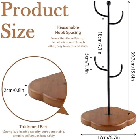 Coffee Mug Holder, Non-Slip 4 Hook Mug Rack, Metal & Wood, Modern &