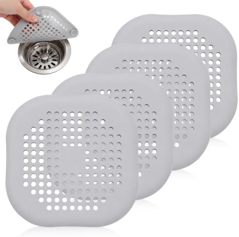 4-Pack Grey Silicone Shower Drain Hair Catchers, Square Drain Covers