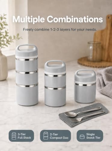 Lille Home Stackable Stainless Steel Thermal Lunch Box, 43OZ/1.38L