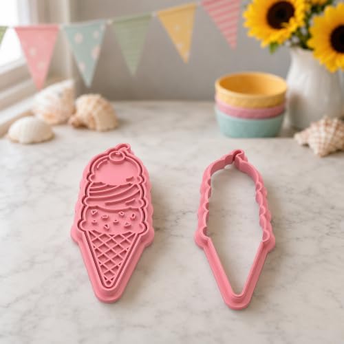 Triple Scoop Ice Cream Cone Cookie Cutter and Embosser Stamp Set - 3D