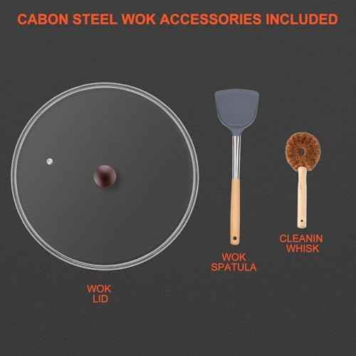 Wok, 13" Carbon Steel Woks & Stir-Fry Pans Nonstick with Glass Lid