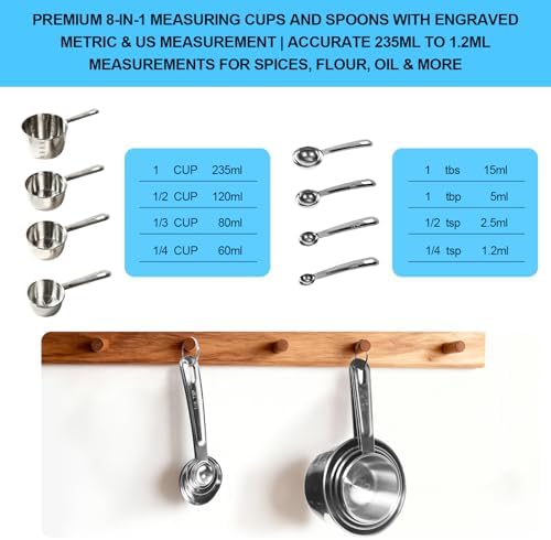 8 PCS Stainless Steel Measuring Cups and Spoons Set, Engraved Metric &