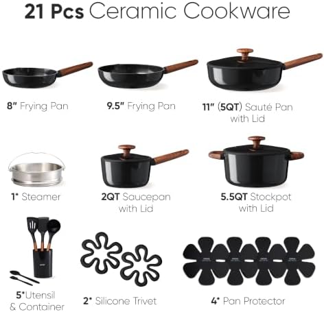 CAROTE 21pcs Ceramic Cookware Set, Pots and Pans Set