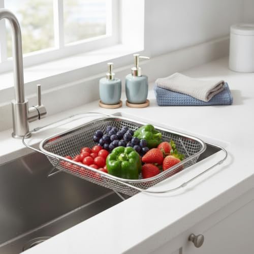 Expandable Mesh Basket with Frame Rust-Resistant over-Sink Colander