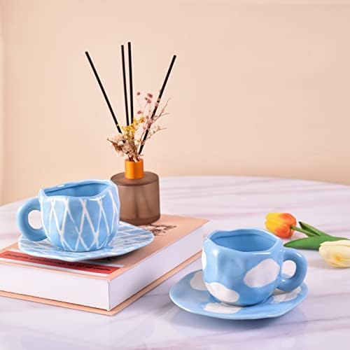 Koythin 10oz Cloud Ceramic Mug With Saucer, Light Blue Sky White Cloud