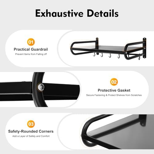 Wall Mount Microwave Shelf with 6 Hooks, Black