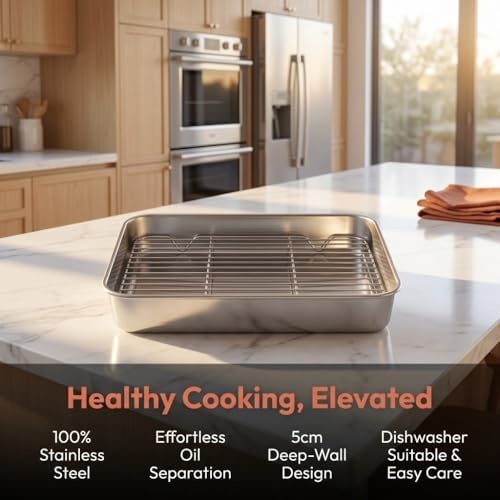 Roasting Pan and Rack Set Stainless Steel Easy Clean Rectangular Roaster with Rack for Cooking Baking(9.25 * 6.89 * 1.97in)