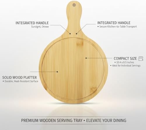Solid Wood Serving Tray with Handle, 6-Inch Round Platter for Pizza