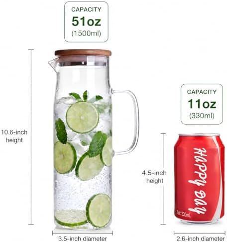 hjn Glass Pitcher with Lid Glass Water Carafe with Handle, Fridge