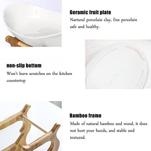 Liywall - 3 Tier Ceramic Fruit Bowl With Bamboo Wood Stand for Kitchen Counter,Porcelain Fruit Basket for Vegetable Storage,Snack Dessert Cake Tray Plate Rack for Party Wedding - White