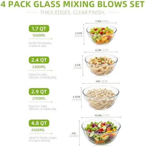 4 Pack Glass Mixing Bowls Sets (4.8QT, 2.9QT, 2.4QT, 1.7QT)