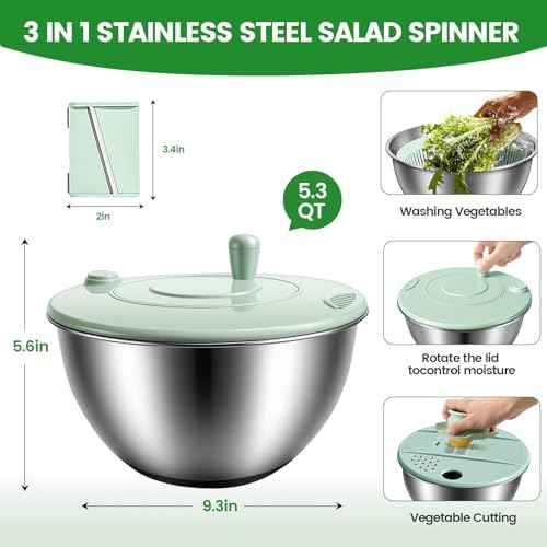 Stainless Steel Salad Spinner 3-in-1, One-Touch Stop and Non-Slip